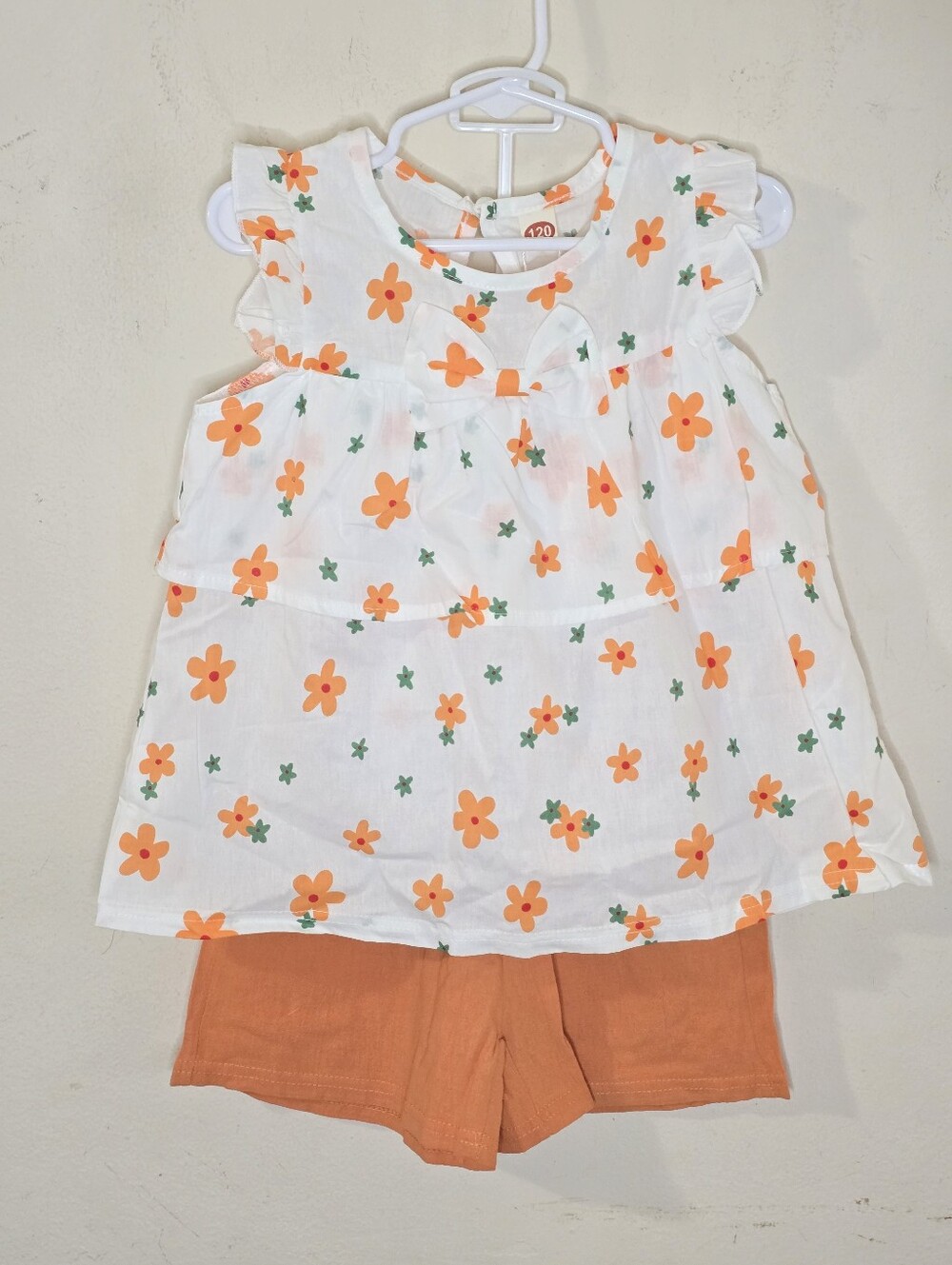 Girls Floral Tank Top & Shorts Set Size 120 White Orange Bow NWT Summer Outfit